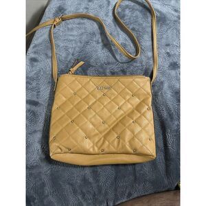 NINE WEST Mustard Brown Faux Leather Quilted Studded 3-Conpartment Crossbody Bag